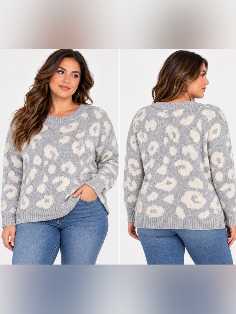 Market & Spruce Leopard Print Sweater Gray Cream Plus Size 2X NWT